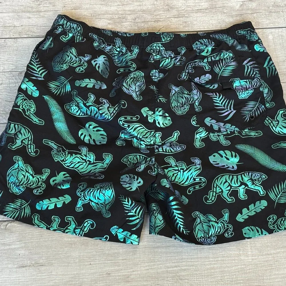 UZZI Men's L Swim Shorts Mesh Lined Trunks‎ Black Iridescent Tiger Palms Beach
